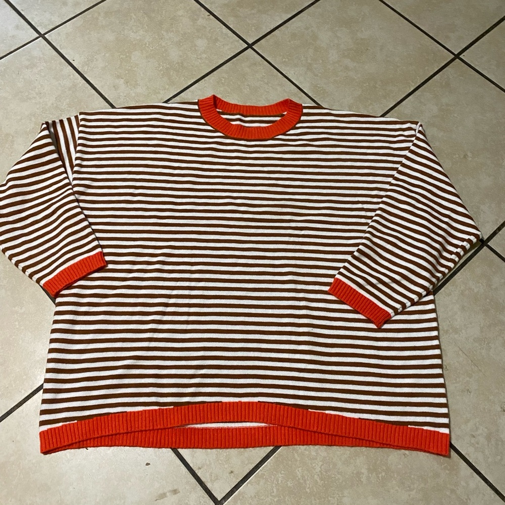 Striped Brown and White Sweater with Orange Trim
